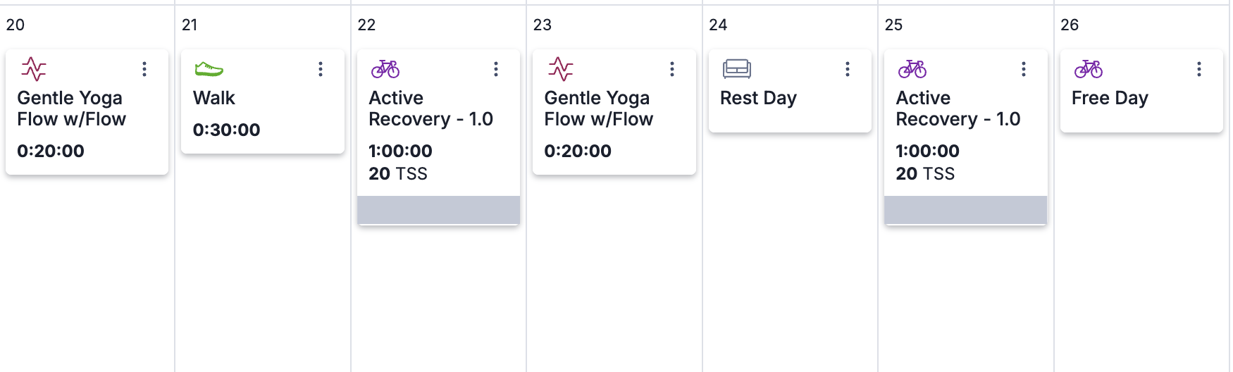 Training calendar showing yoga, walks, active recovery, a rest day, and a free day