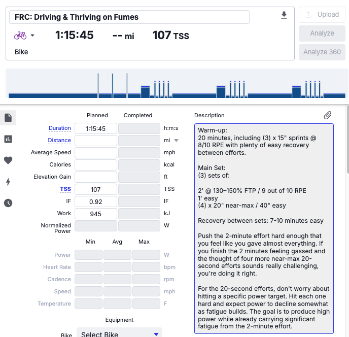 Structured FRC cycling workout with hard two-minute and 20-second efforts